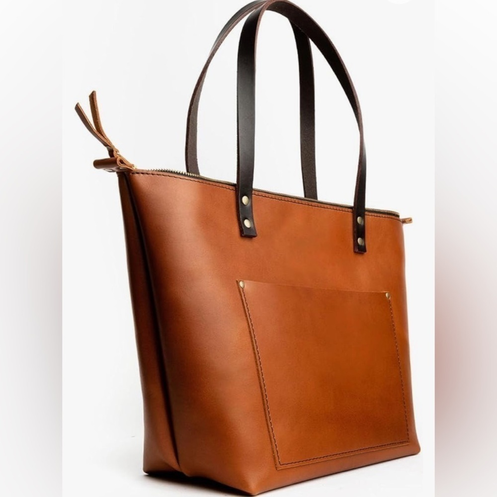 Portland Leather Goods Zip Top Tote Bag Artisan Leather Handbag Brown Medium - Picture 3 of 16